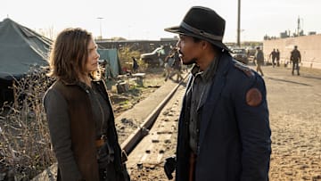 Lauren Cohan as Maggie Rhee, Gaius Charles as Armstrong - The Walking Dead: Dead City _ Season 2, Episode 2 - Photo Credit: Robert ClarkAMC