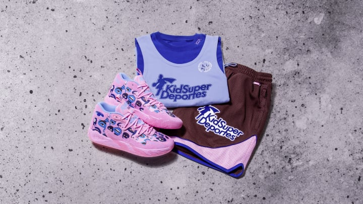 Pink and blue PUMA sneakers and apparel.