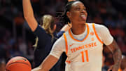 Tennessee forward Zee Spearman (11) sticks out the tongue after getting fouled during an NCAA college basketball game against East Tennessee State Buccaneers on November 7, 2025, in Knoxville, Tenn.