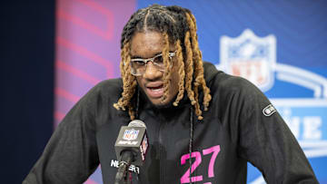 Feb 27, 2025; Indianapolis, IN, USA; East Carolina defensive back Shavon Revel (DB27) during the 2025 NFL Combine at Lucas Oil Stadium.