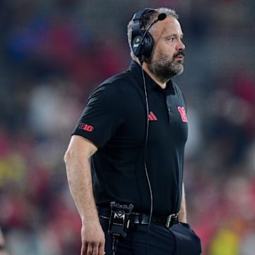 Nov 8, 2025; Pasadena, California, USA; Nebraska Cornhuskers head coach Matt Rhule watches game action against the UCLA Bruins during the second half at the Rose Bowl. 
