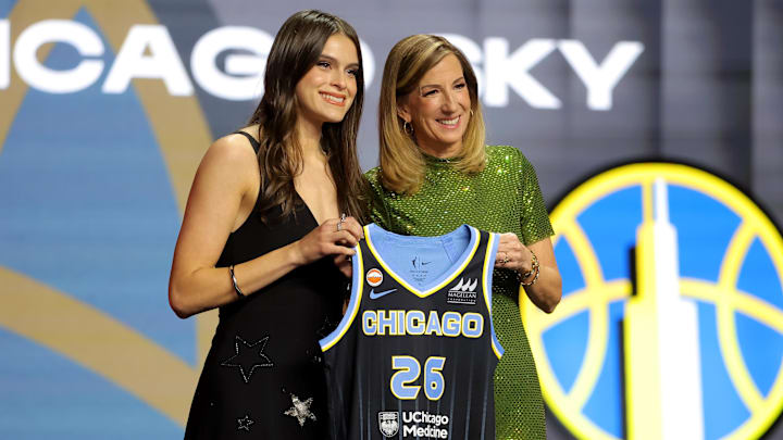 Apr 13, 2026; New York, NY, USA;  WNBA Commissioner Cathy Engelbert (right) poses for photos with Gabriela Jaquez who was selected fifth overall by the Chicago Sky during the 2026 WNBA Draft at The Shed at Hudson Yards. Mandatory Credit: Brad Penner-Imagn Images