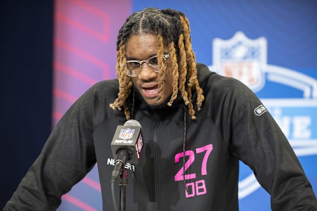 East Carolina defensive back Shavon Revel during the 2025 NFL Combine at Lucas Oil Stadium. 