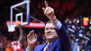 Jan 27, 2024; Champaign, Illinois, USA;  Illinois Fighting Illini head coach Brad Underwood reacts before a game with the Indiana Hoosiers at  State Farm Center. Mandatory Credit: Ron Johnson-Imagn Images