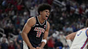 Nov 3, 2025; Las Vegas, NV, USA; Arizona Wildcats forward Koa Peat (10) celebrates a play against the Florida Gators in the second half of the Hall of Fame Series game at T-Mobile Arena. Mandatory Credit: Candice Ward-Imagn Images