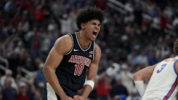 Nov 3, 2025; Las Vegas, NV, USA; Arizona Wildcats forward Koa Peat (10) celebrates a play against the Florida Gators in the second half of the Hall of Fame Series game at T-Mobile Arena. Mandatory Credit: Candice Ward-Imagn Images