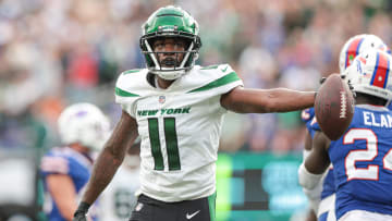 Nov 6, 2022; East Rutherford, New Jersey, USA; New York Jets wide receiver Denzel Mims (11) reacts after making a catch during the fourth quarter against the Buffalo Bills at MetLife Stadium. Mandatory Credit: Vincent Carchietta-USA TODAY Sports