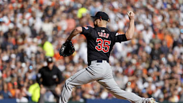 Oct 9, 2024; Detroit, Michigan, USA; Cleveland Guardians starting pitcher Alex Cobb (35) pitches against the Detroit Tigers during the first inning during game three of the ALDS for the 2024 MLB Playoffs at Comerica Park. Mandatory Credit: Rick Osentoski-Imagn Images