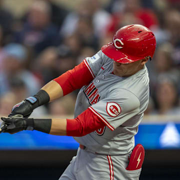 Sep 13, 2024; Minneapolis, Minnesota, USA; Cincinnati Reds center fielder TJ Friedl (29) hits a solo home run against the Minnesota Twins in the second inning at Target Field. Mandatory Credit: Jesse Johnson-Imagn Images