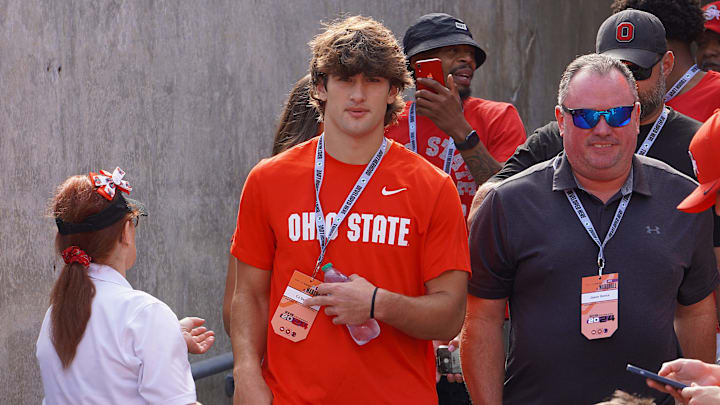 Sept. 21, 2024; Columbus, Ohio, USA; Olentangy linebacker C.J. Sanna watches warm-ups before Ohio State's game against the Marshall University Thundering Herd at Ohio Stadium.