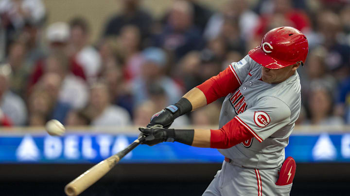 Sep 13, 2024; Minneapolis, Minnesota, USA; Cincinnati Reds center fielder TJ Friedl (29) hits a solo home run against the Minnesota Twins in the second inning at Target Field. Mandatory Credit: Jesse Johnson-Imagn Images