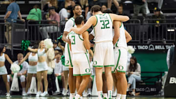 Oregon huddles up as the Oregon Ducks host the Montana Grizzlies at Matthew Knight Arena Friday, Nov. 8, 2024 in Eugene, Ore.