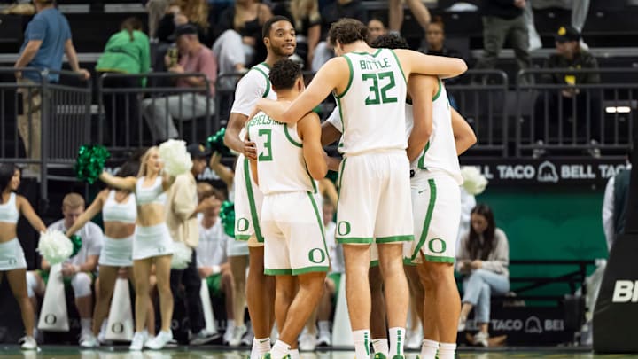 Oregon huddles up as the Oregon Ducks host the Montana Grizzlies at Matthew Knight Arena Friday, Nov. 8, 2024 in Eugene, Ore.