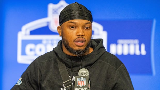 Mar 1, 2024; Indianapolis, IN, USA; Oregon wide receiver Troy Franklin (WO08) talks to the media during the 2024 NFL Combine