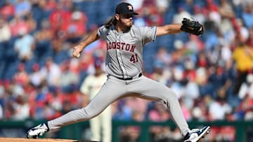 Aug 28, 2024; Philadelphia, Pennsylvania, USA; Houston Astros starting pitcher Spencer Arrighetti (41) throws a pitch against the Philadelphia Phillies in the first inning at Citizens Bank Park. 