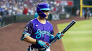 May 9, 2025; Phoenix, Arizona, USA; Arizona Diamondbacks outfielder Corbin Carroll against the Los Angeles Dodgers at Chase Field. Mandatory Credit: Mark J. Rebilas-Imagn Images