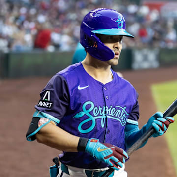 May 9, 2025; Phoenix, Arizona, USA; Arizona Diamondbacks outfielder Corbin Carroll against the Los Angeles Dodgers at Chase Field. Mandatory Credit: Mark J. Rebilas-Imagn Images