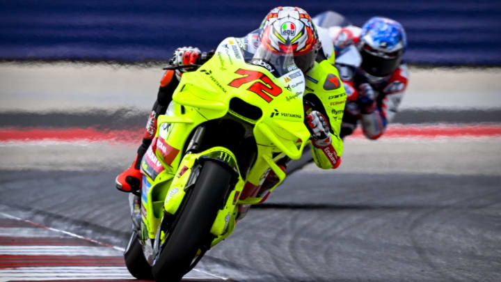 Apr 14, 2024; Austin, TX, USA; Marco Bezzecchi (72) of Italy and Pertamina Enduro VR46 rides during the MotoGP Grand Prix of The Americas at Circuit of The Americas. Mandatory Credit: Jerome Miron-USA TODAY Sports