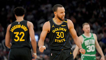Jan 20, 2025; San Francisco, California, USA; Golden State Warriors guard Stephen Curry (30) reacts after the Warriors were called for a foul against the Boston Celtics in the second quarter at the Chase Center. Mandatory Credit: Cary Edmondson-Imagn Images