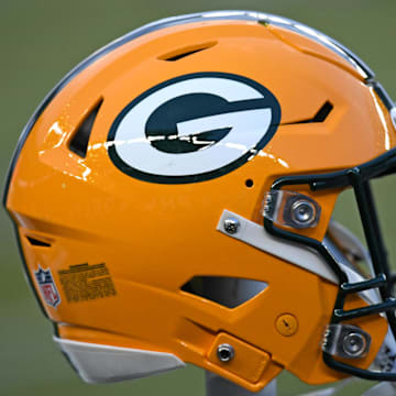 Jan 12, 2025; Philadelphia, Pennsylvania, USA; Green Bay Packers helmet on the sidelines against the Philadelphia Eagles in an NFC wild card game at Lincoln Financial Field. Mandatory Credit: Eric Hartline-Imagn Images