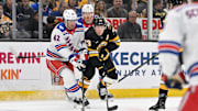 Oct 4, 2025; Boston, Massachusetts, USA; New York Rangers center Matt Rempe (73) and New York Rangers center Noah Laba (42) battle for control of the puck during the first period at TD Garden. Mandatory Credit: Eric Canha-Imagn Images