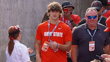 Sept. 21, 2024; Columbus, Ohio, USA; Olentangy linebacker C.J. Sanna watches warm-ups before Ohio State's game against the Marshall University Thundering Herd at Ohio Stadium.