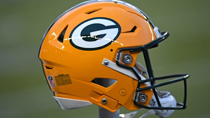 A Packers helmet is shown on the sideline before the playoff game against the Eagles.