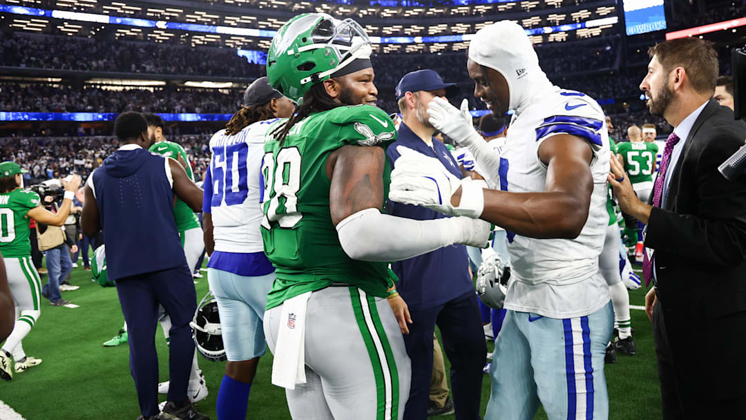Dallas Cowboys wide receiver George Pickens and Philadelphia Eagles defensive tackle Jalen Carter. Dallas Cowboys wide receiver George Pickens and Philadelphia Eagles defensive tackle Jalen Carter.