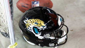 Nov 23, 2025; Glendale, Arizona, USA; Detailed view of a Jacksonville Jaguars helmet at State Farm Stadium. Mandatory Credit: Mark J. Rebilas-Imagn Images