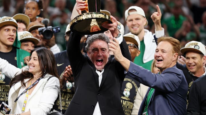 Jun 17, 2024; Boston, Massachusetts, USA; Boston Celtics owner Wyc Grousbeck holds the trophy after winning the 2024 NBA Finals against the Dallas Mavericks at TD Garden. Mandatory Credit: Peter Casey-Imagn Images