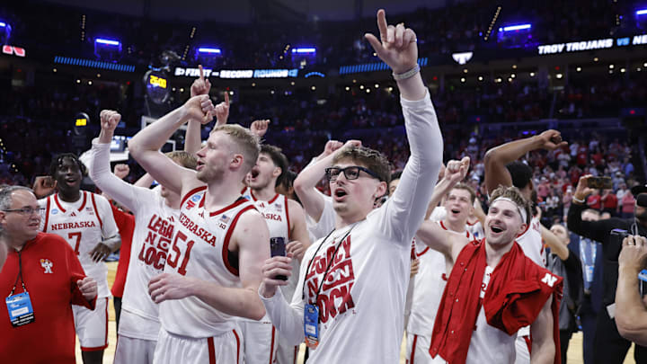 Mar 19, 2026; Oklahoma City, OK, USA; The Nebraska Cornhuskers celebrate after defeating the Troy Trojans during a first round game of the men's 2026 NCAA Tournament at Paycom Center. Mandatory Credit: Alonzo Adams-Imagn Images