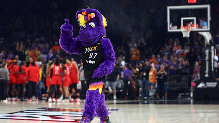 Aug 10, 2025; Phoenix, Arizona, USA; Phoenix Mercury mascot Scorch at PHX Arena. Mandatory Credit: Mark J. Rebilas-Imagn Images
