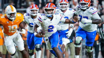 Florida quarterback DJ Lagway (2) runs with the ball during a NCAA football game between Tennessee and Florida in Neyland Stadium, in Knoxville, Tenn., Oct. 12, 2024.
