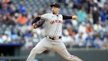 Sep 22, 2024; Kansas City, Missouri, USA; San Francisco Giants starting pitcher Blake Snell (7) pitches during the first inning against the Kansas City Royals at Kauffman Stadium. 