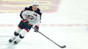 Mar 21, 2025; Pittsburgh, Pennsylvania, USA; Columbus Blue Jackets defenseman Zach Werenski (8) warms up before the game against the Pittsburgh Penguins at PPG Paints Arena. Mandatory Credit: Charles LeClaire-Imagn Images