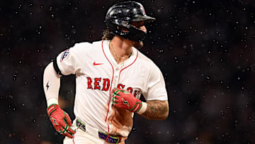 Boston Red Sox outfielder Jarren Duran (16) runs the bases after hitting a three-run home run against the Colorado Rockies during the eighth inning at Fenway Park.