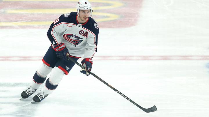 Mar 21, 2025; Pittsburgh, Pennsylvania, USA; Columbus Blue Jackets defenseman Zach Werenski (8) warms up before the game against the Pittsburgh Penguins at PPG Paints Arena. Mandatory Credit: Charles LeClaire-Imagn Images