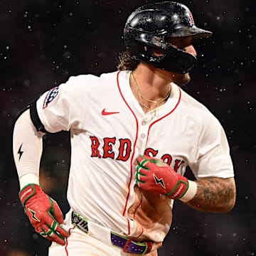 Jul 9, 2025; Boston, Massachusetts, USA; Boston Red Sox outfielder Jarren Duran (16) runs the bases after hitting a three-run home run against the Colorado Rockies during the eighth inning at Fenway Park. Mandatory Credit: Brian Fluharty-Imagn Images