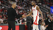 Dec 5, 2025; Houston, Texas, USA; Houston Rockets forward Kevin Durant (7) shakes hands with head coach Ime Udoka during the third quarter against the Phoenix Suns at Toyota Center. Mandatory Credit: Troy Taormina-Imagn Images
