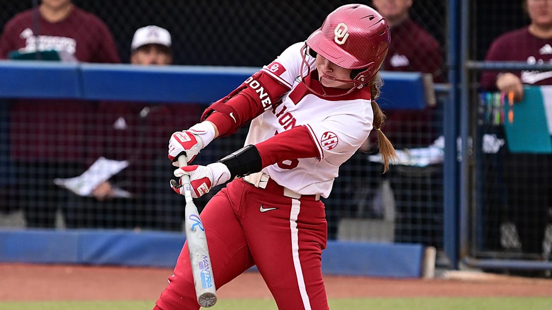 Senior outfielder Abigale Dayton takes a swing during a game against the Mississippi State Bulldogs at Devon Park on April 18, 2025 in Oklahoma City.