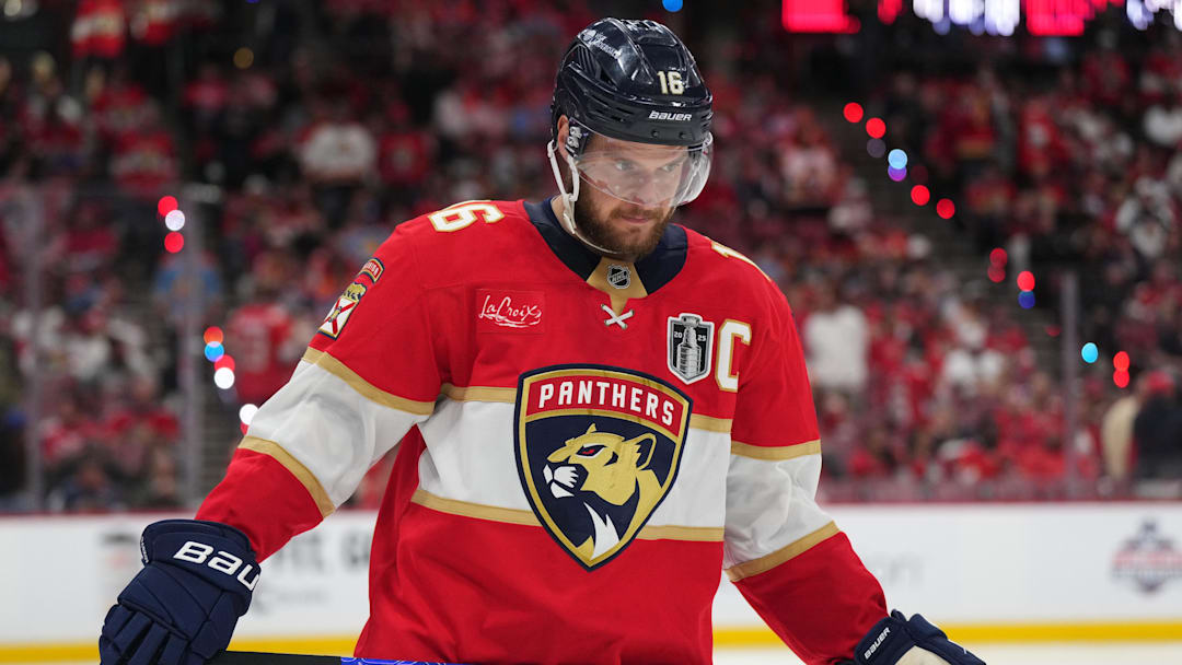 Jun 12, 2025; Sunrise, Florida, USA; Florida Panthers forward Aleksander Barkov (16) skates between play during the third period against the Edmonton Oilers in game four of the 2025 Stanley Cup Final at Amerant Bank Arena. Mandatory Credit: Jim Rassol-Imagn Images