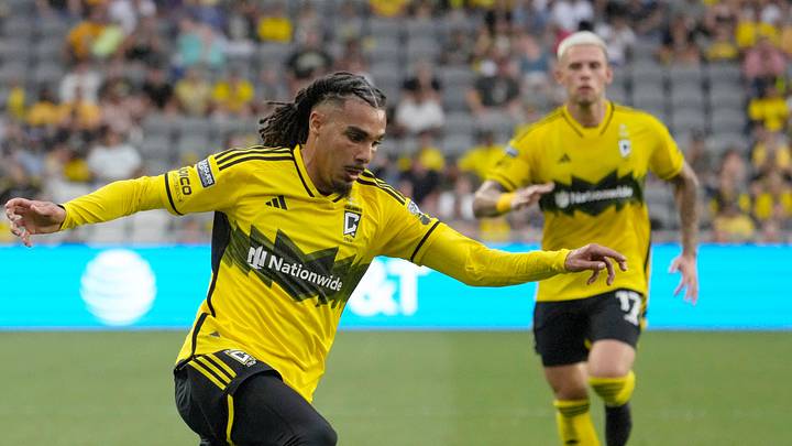 August 17, 2024; Columbus, Ohio, USA; 
Columbus Crew defender Mohamed Farsi (23) turns a ball during the second half of a Leagues Cup quarterfinal match against New York City at Lower.com Field.