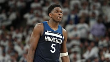 May 26, 2025; Minneapolis, Minnesota, USA;Minnesota Timberwolves guard Anthony Edwards (5) reacts against the Oklahoma City Thunder in the first half during game four of the western conference finals for the 2025 NBA Playoffs at Target Center. Mandatory Credit: Jesse Johnson-Imagn Images