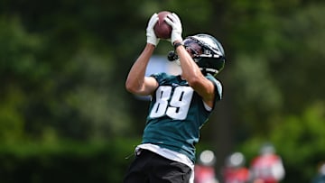 Jun 10, 2025; Philadelphia, PA, USA; Philadelphia Eagles wide receiver Johnny Wilson (89) makes a reception during a practice drill at NovaCare Complex. Mandatory Credit: Kyle Ross-Imagn Images