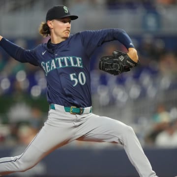 Jun 23, 2024; Miami, Florida, USA;  Seattle Mariners starting pitcher Bryce Miller (50) pitches in the first inning against the Miami Marlins at loanDepot Park.