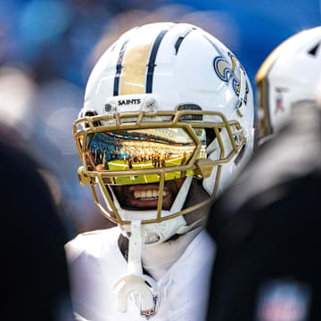 Nov 9, 2025; Charlotte, North Carolina, USA; New Orleans Saints wide receiver Chris Olave (12) on the field before the game at Bank of America Stadium. Mandatory Credit: Bob Donnan-Imagn Images