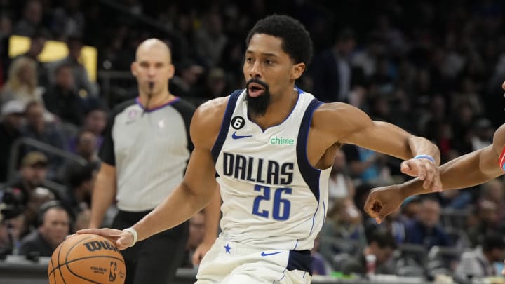 Jan 26, 2023; Phoenix, Arizona, USA; Dallas Mavericks guard Spencer Dinwiddie (26) drives around Phoenix Suns guard Chris Paul (3) in the second half at Footprint Center. Mandatory Credit: Rick Scuteri-USA TODAY Sports