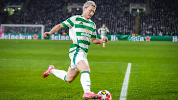 Celtic winger Daizen Maeda on the pitch against BSC Young Boys in the UEFA Champions League match on January 22nd, 2025. 