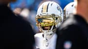Nov 9, 2025; Charlotte, North Carolina, USA; New Orleans Saints wide receiver Chris Olave (12) on the field before the game at Bank of America Stadium. Mandatory Credit: Bob Donnan-Imagn Images