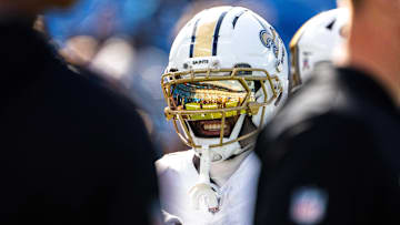 Nov 9, 2025; Charlotte, North Carolina, USA; New Orleans Saints wide receiver Chris Olave (12) on the field before the game at Bank of America Stadium. Mandatory Credit: Bob Donnan-Imagn Images